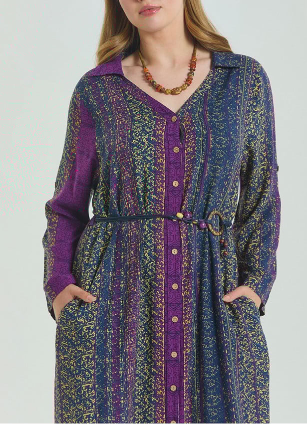 Shirt Collar Belt Detailed Purple Patterned Long Sleeve Plus Size Dress 4612